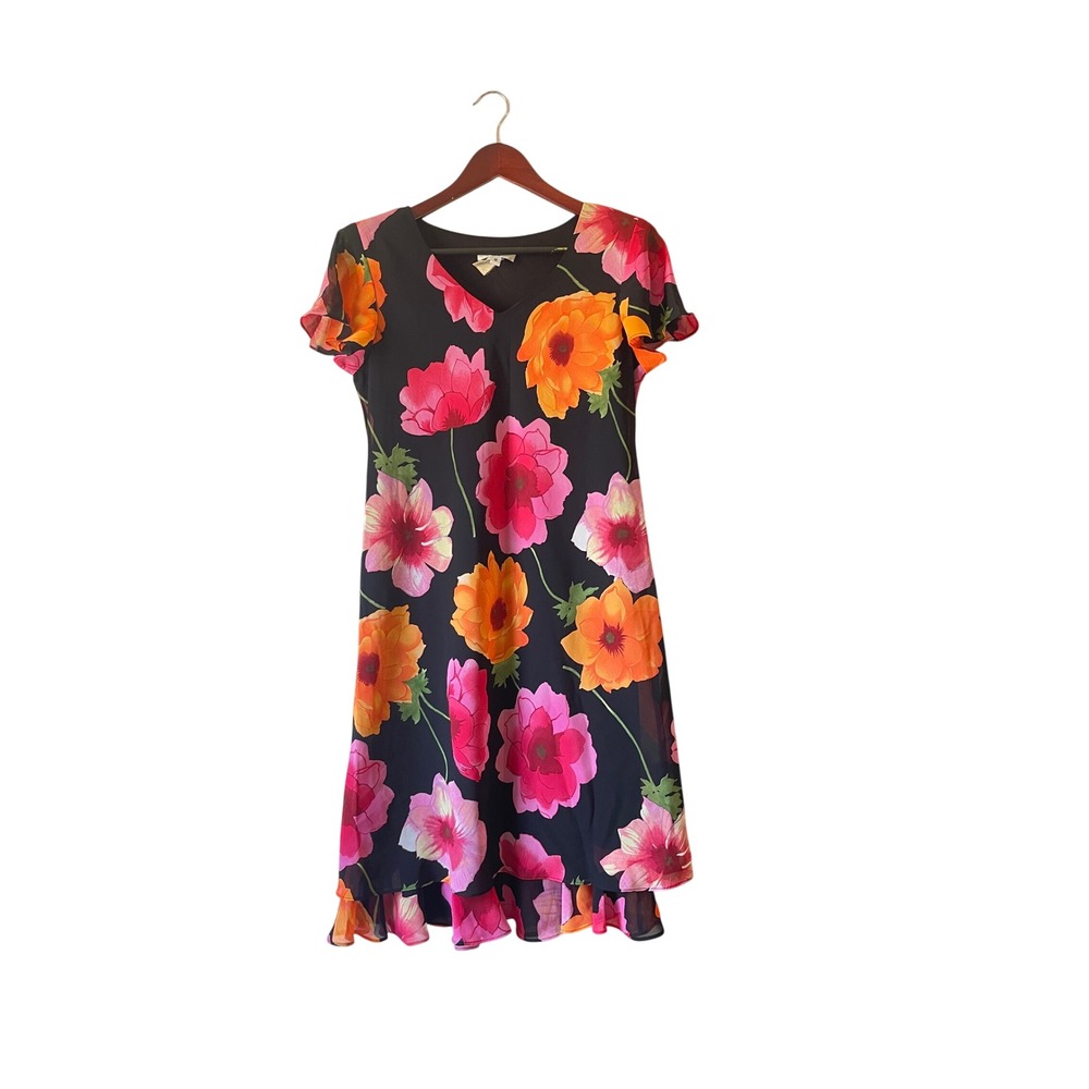 Vintage Floral Shift Layered dress Black Pink Poppy Flutter Sleeve Ruffle Sz 8